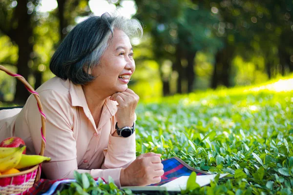 Asian senior woman picnicking in the park, smiling, enjoying life. Elderly health care concept. copy space