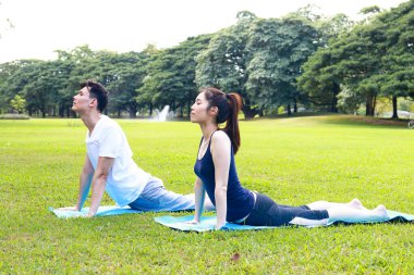 Asyalı çift parktaki çimlerin üzerinde yoga yapıyor ve birlikte egzersiz yapıyor. Spor konsepti. Sağlıklı bir vücudu korumak.