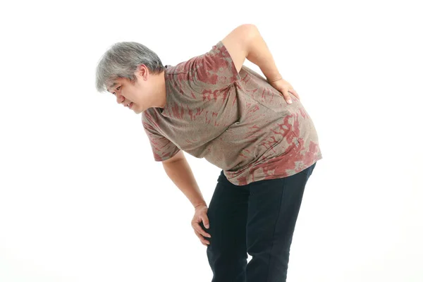 Asian Obese Man Having Severe Back Pain Standing White Background — Stock Photo, Image