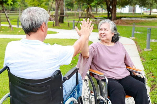 Elderly people in wheelchairs in the park touch each other\'s hands to greet each other. Elderly society. health care in retirement