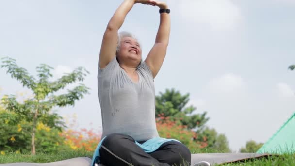 Die Asiatische Ältere Frau Sitzt Morgens Park Und Macht Sport — Stockvideo