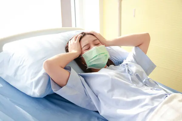 Asian female patient wearing a surgical mask Lying in bed with a headache. medical services in hospitals