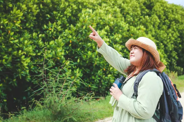 亚洲肥胖的女性游客在大自然的红树林中旅行 自然保护的概念 生态旅游 复制空间 图库图片