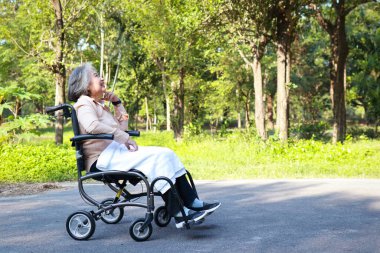 Açık hava parkında tekerlekli sandalyede oturan Asyalı son sınıf öğrencisi mutlu bir şekilde gülümsüyor. Yaşlı sağlık hizmetleri konsepti. Boşluğu kopyala