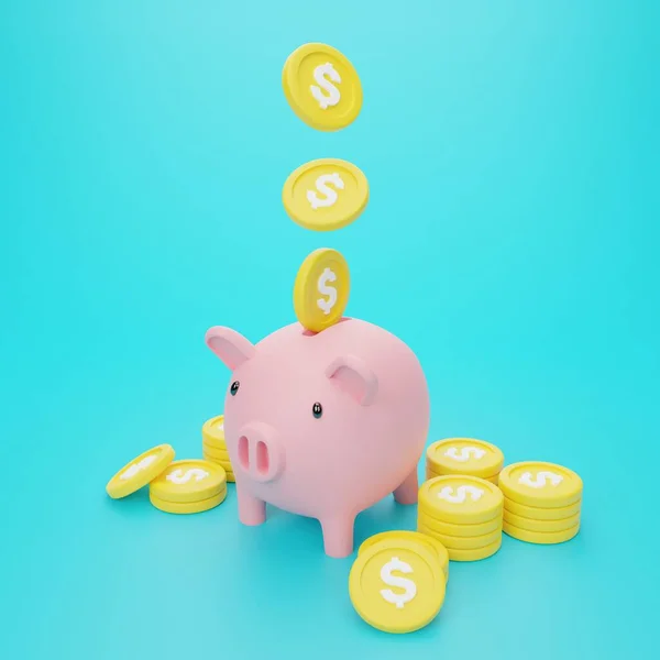 Rendering Illustratie Cartoon Minimale Pink Piggy Bank Ons Dollar Munten — Stockfoto