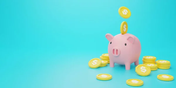 Weergave Illustratie Cartoon Minimale Roze Spaarvarken Bank Met Munt Vliegen — Stockfoto