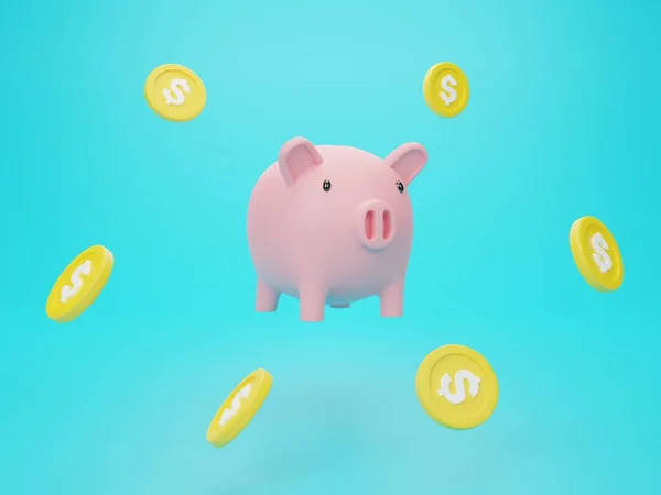 3Dレンダリングイラスト長期投資のためのコイン積み上げのお金の節約の概念を持つ漫画最小限の貯金箱 ビジネス開発コンセプト — ストック写真