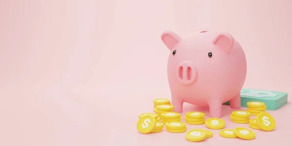 Rendering Illustration Cartoon Minimal Piggy Bank Coin Stacking Money Savings — Stock Photo, Image