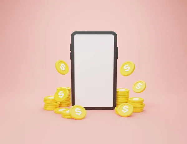Rendering Illustration Cartoon Minimal Coin Stacking Modern Smartphone Pink Background — Stock Photo, Image