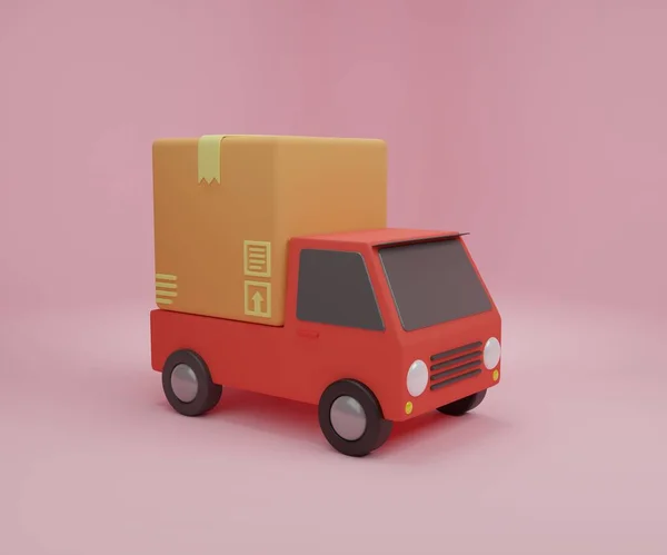 Illustrazione Rendering Cartoni Animati Camion Consegna Minima Con Scatola Del — Foto Stock
