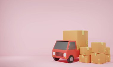 3D çizim karikatür minimal dağıtım kamyonu ve posta kutuları nakliye teslimatı, E-ticaret konsepti.