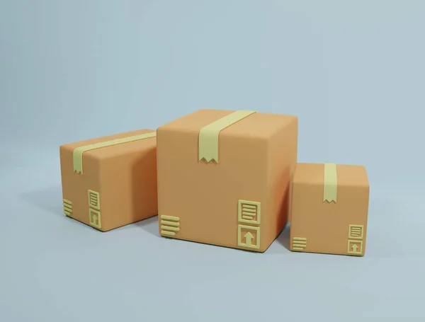 3Dレンダリングイラスト漫画最小限の段ボール箱や配送パッケージ 影のある茶色の箱 — ストック写真