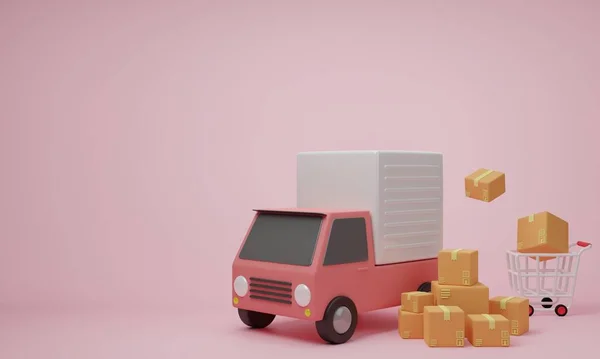 3D渲染漫画最小交付卡车与包装箱 信使皮卡 在线航运服务 运输发货 电子商务概念 — 图库照片