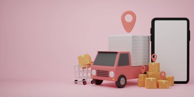 3D çizim, karikatür, paket kutulu minimal teslimat kamyonu. Çevrimiçi dağıtım hizmeti kavramı. Ulaşım sevkiyatı, dağıtım sitesi, afiş, arkaplan, uygulama, poster, cep telefonu.