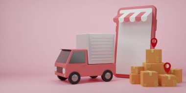 3D çizim karikatür karton kutu veya teslimat paketi. Çevrimiçi ekspres servis konsepti. Ulaşım sevkiyatı, teslimat sitesi, afiş, arkaplan