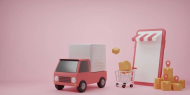 3D çizim, karikatür, paket kutulu minimal teslimat kamyonu. Çevrimiçi dağıtım hizmeti kavramı. Ulaşım sevkiyatı, teslimat web sitesi, afiş, arkaplan, uygulama