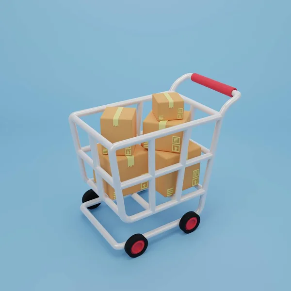 Rendering Illustration Cartoon Minimalen Supermarkt Einkaufswagen Und Boxen Warenkorb Für — Stockfoto