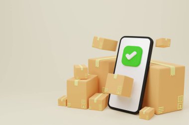 3D çizim karikatür minimum APP dağıtım telefonu paketli, çevrimiçi dağıtım hizmeti konsepti. Hızlı sevkiyat web sitesi, afiş, arkaplan, uygulama, poster, ifade