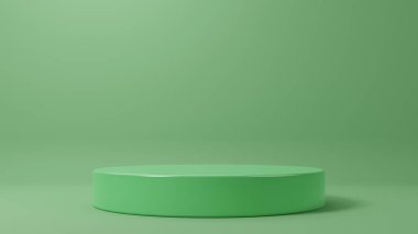 3D görüntüleme Yeşil zemin üzerinde silindir podyumları düzenle. Çemberi boş olan en küçük tasarım. Kozmetik ürünler sunumu için sahne. Tasarım boşluğunu düzenle. Gösterge