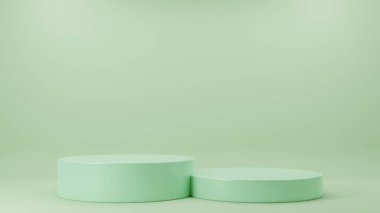 3D görüntüleme Yeşil zemin üzerinde silindir podyumları düzenle. Çemberi boş olan en küçük tasarım. Kozmetik ürünler sunumu için sahne. Tasarım boşluğunu düzenle. Gösterge