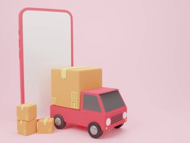 Karton kutu, akıllı telefon kargo kutusu lojistik ve teslimat paketi, çevrimiçi dağıtım sembolü e-ticaret konsepti ile yüklenmiş 3D tasvir karikatür minimal dağıtım kamyonu.