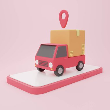 Karton bir kutu, akıllı telefon kargo kutusu lojistik ve teslimat paketiyle yüklenmiş 3D çizim karikatür minimal dağıtım kamyonu, çevrimiçi dağıtım hizmeti konsepti. Hızlı teslimat.