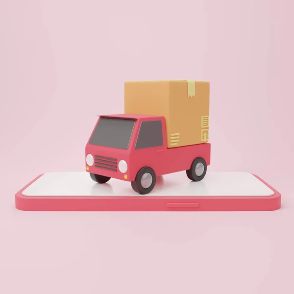 3Dレンダリングイラスト段ボール箱とスマートフォンの貨物箱の物流と配送小包 オンライン配信サービスのコンセプトがロードされた漫画最小限の配達トラック 高速配送 — ストック写真