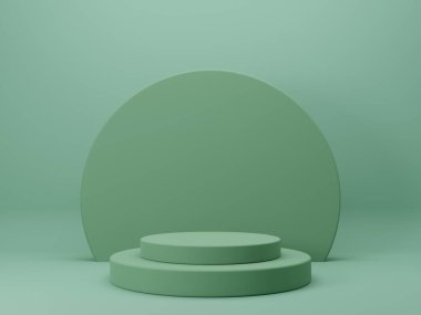 3D görüntüleme Yeşil zemin üzerinde silindir podyumları düzenle. Çemberi boş olan en küçük tasarım. Kozmetik ürünler sunumu için sahne. Tasarım boşluğunu düzenle. Gösterge