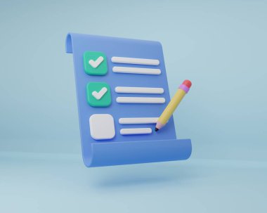 Pano kontrol listesi kağıt yönetim kontrolünde 3D çizim karikatürü minimal kalem. Not defteri simgesi. İşe yarayan plandan başarıya. İş zamanı belge işaretleme görevi.