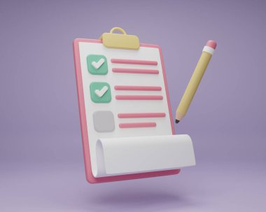 Pano kontrol listesi kağıt yönetim kontrolünde 3D çizim karikatürü minimal kalem. Not defteri simgesi. İşe yarayan plandan başarıya. İş zamanı belge işaretleme görevi.