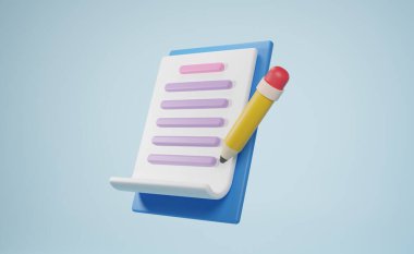 3D tasvir Karikatür minimal beyaz sayfa, yazı tahtası ve kalem, belge. İşe yarayan plandan başarıya. İş saatleri belgelendirme görevi. Çalışma planı ve organizasyonu.