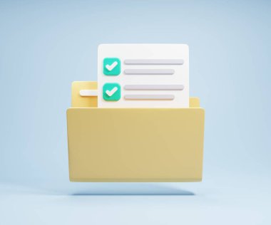 3D çizim karikatür klasörü dosya dökümanı ve kağıt işi. Yönetim proje planı sembolü üzerinde çalışıyor. çevrimiçi belge bilgi imzası. Yeni e- posta bildirimini aç.