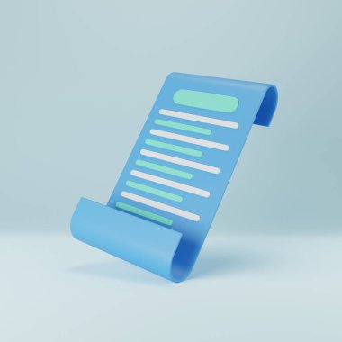 3D görüntüleme Karikatür işlem makbuzu ödeme ikonu minimum kağıt fatura. finansal fatura ödeme şablonu