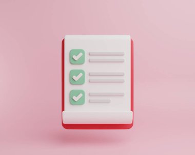 3 boyutlu resimleme Karikatür küçük pano kağıt simge sayfaları ile kontrol listesi ile. İş saatleri belgelendirme görevi. çalışma planı başarıya, sınav kağıtları kontrol listesi, seviye konsepti