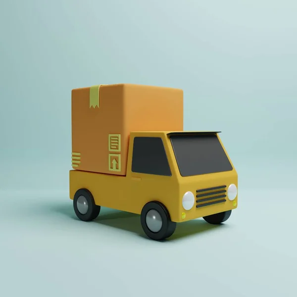 Ilustracja Renderowania Cartoon Minimalny Samochód Dostawczy Pudełka Transport Dostawy Koncepcja — Zdjęcie stockowe