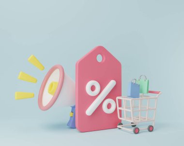 3D tasvir Çizgi Film Online indirimli satış konsepti. Fiyat etiketi simgesi satıyor. Promosyon etiketi indirim kuponu, özel teklif promosyonu. Çevrimiçi pazarlık alışverişi için yaratıcı konsept.