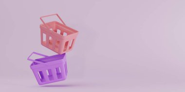 Çizgi film resimli boş alışveriş sepetleri. Süpermarket arabası. Pazar etkinliği kavramı. Market sepeti satış festivali, online alışveriş, dijital pazarlama