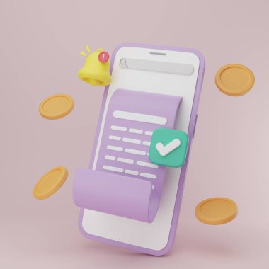 3D çizim karikatür çevrimiçi ödeme konsepti. Kredi kartıyla fatura ödemesi ve online alışveriş için finansal güvence. E-ticaret pazarı, Ödeme Onaylandı, Model