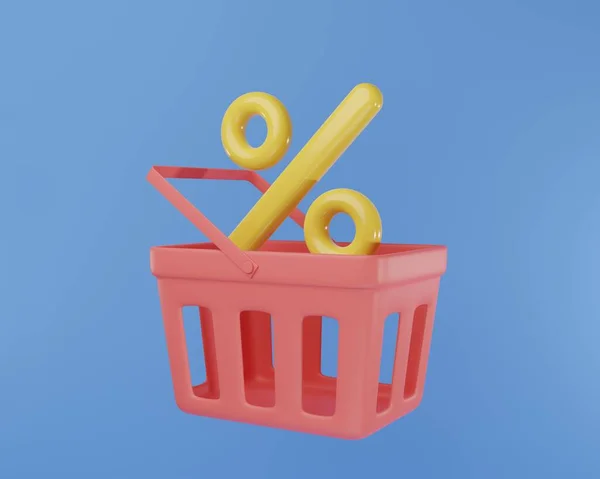 Rendering Illustration Cartoon Shopping Basket Percent Sign Commerce Cash Back — Stock Photo, Image