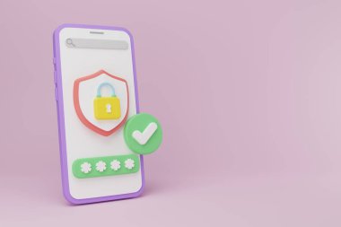 3D çizim karikatür en az Modern Smartphone Shield, asma kilit ve işaret simgesi ile. Şifre korumalı, kullanıcı veri koruması, güvenlik kalkanı sembolleri. Güvenlik kalkanları logottipleri