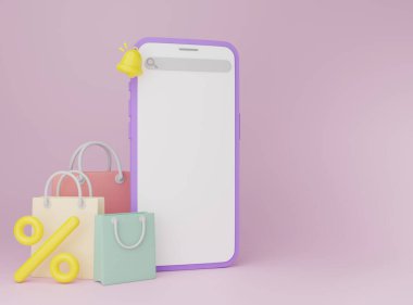 3D tasvir: Çizgi film, beyaz ekranlı en az akıllı telefon. Uygulama alışverişi online konsept. indirim, promosyon, satış, afiş, web sitesi.