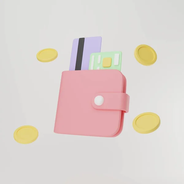 Rendering Illustration Cartoon Minimale Brieftasche Mit Münzen Sparkonzept Online Zahlungsdienst — Stockfoto