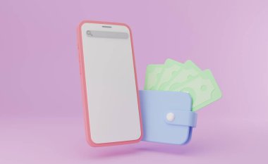 3D çizim Karikatür minimal telefon nakit para cüzdanı, mali ödeme, tasarruf servet, nakit geri, finansal konsept, para transferi çevrimiçi