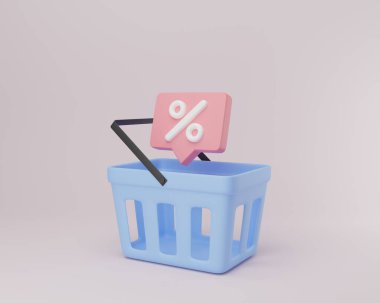 3D resimli karikatür sepet alışverişi fiyat etiketleri, boş süpermarket arabası, çevrimiçi alışveriş ve süpermarket konsepti, dijital pazarlama, piyasa etkinliği, satış festivali