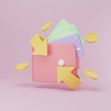 3 boyutlu resimleme. Çizgi film cüzdanı ve bozuk paralar. Tasarruf para konsepti, Çevrimiçi ödeme hizmeti, iş finans konsepti, Aktarım ve Para Takası çevrimiçi