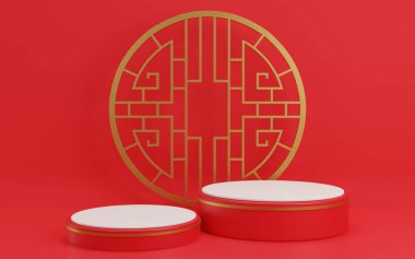 3 boyutlu resimleme Çin yeni yılı silindir podyumları, Çin Festivalleri, ürün gösterimi için boş kaide şablonu, geometrik arkaplan, kozmetik stand konsepti, soyut