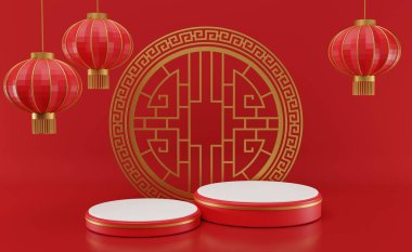 3 boyutlu resimleme Çin yeni yılı silindir podyumları, Çin Festivalleri, ürün gösterimi için boş kaide şablonu, geometrik arkaplan, kozmetik stand konsepti, soyut
