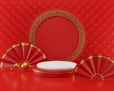 3 boyutlu resimleme Çin yeni yılı silindir podyumları, Çin Festivalleri, ürün gösterimi için boş kaide şablonu, geometrik arkaplan, kozmetik stand konsepti, soyut