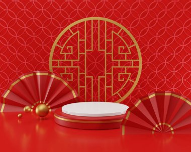 3 boyutlu resimleme Çin yeni yılı silindir podyumları, Çin Festivalleri, ürün gösterimi için boş kaide şablonu, geometrik arkaplan, kozmetik stand konsepti, soyut