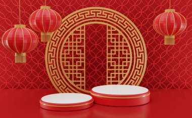 3 boyutlu resimleme Çin yeni yılı silindir podyumları, Çin Festivalleri, ürün gösterimi için boş kaide şablonu, geometrik arkaplan, kozmetik stand konsepti, soyut